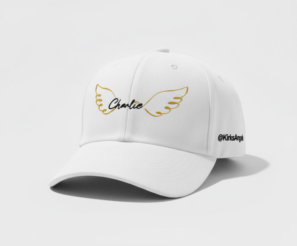 Charlie Wings Outline Baseball Cap - White Embroidered Hat | Kirk's Angels Official