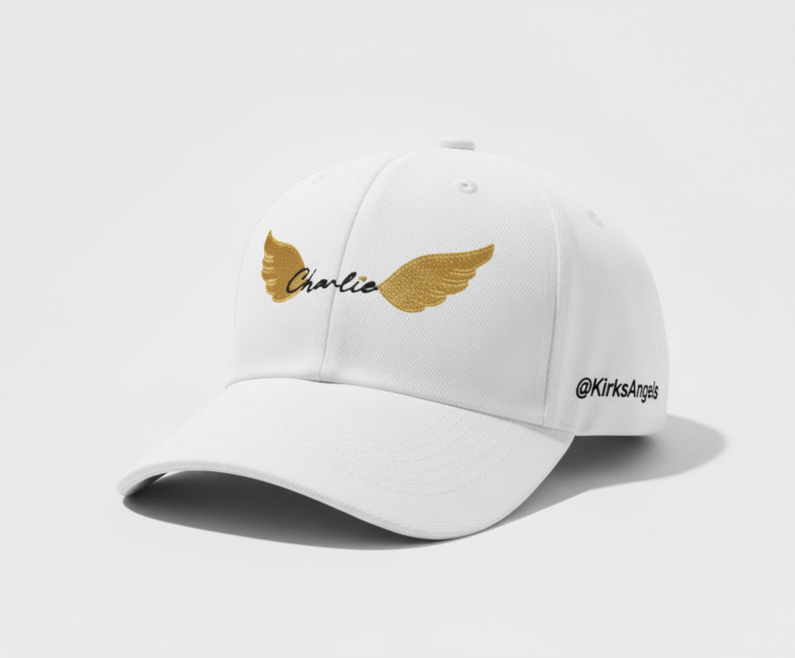 Charlie Wings Baseball Cap - White Embroidered Filled Logo Hat | Kirk's Angels Official